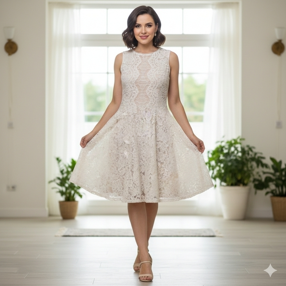 Danny and Nicole Ivory  Lined Floral Lace Knee Length  Size 4 NWT